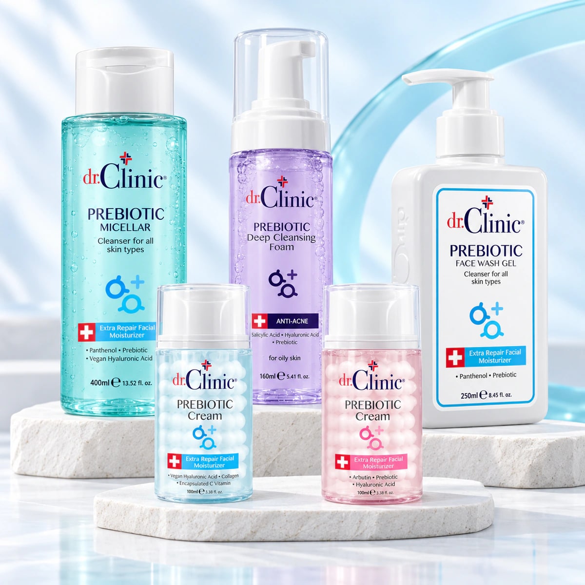 Dr. Clinic Prebiotic micellar water, cleansing foam, face wash and creams