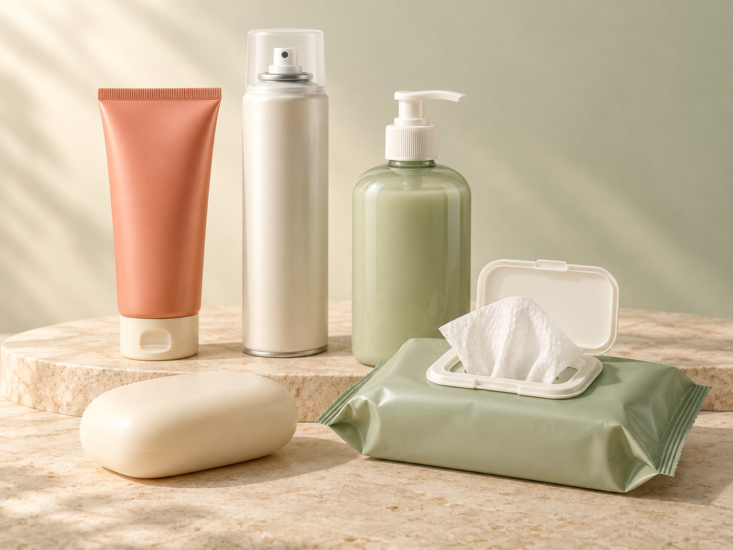 Illustrative private label product formats: a cosmetic tube, aerosol can, pump bottle, solid soap bar and an open wet-wipes pack.